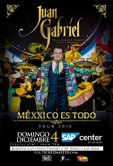 No se pierdan la oportunidad de asistir a este gran concierto de Juan Gabriel en el SAP Center de San Jose el 4 de Diembre. Sera un super concierto....