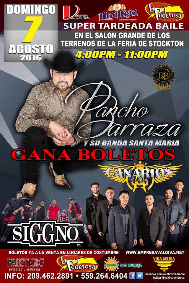 No se pierdan este evento de La Empresa Valdivia este Domingo 7 de Agosto en Los Terrenos De La Feria De Stockton California. Compren sus boletos en lugares de costumbre.