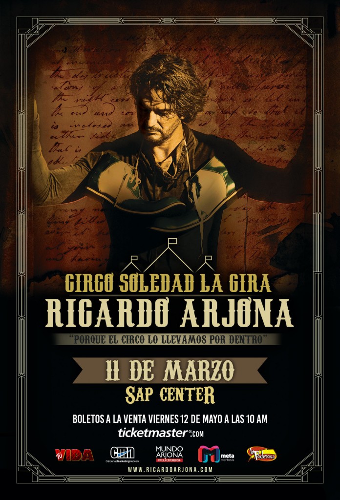 No se pierdan la preventa de boletos para este super concierto de Ricardo Arjona el Jueves 11 de Mayo por Ticketmaster.com usando la clave CIRCO. Tendran la oportunidad de conseguir los mejores asientos para disfrutar de su musica.
